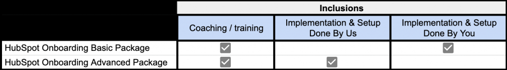 Excel spreadsheet showing the main difference between the onboarding packages