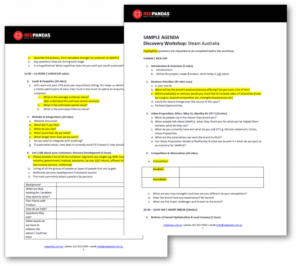 Example of our discovery workshop document