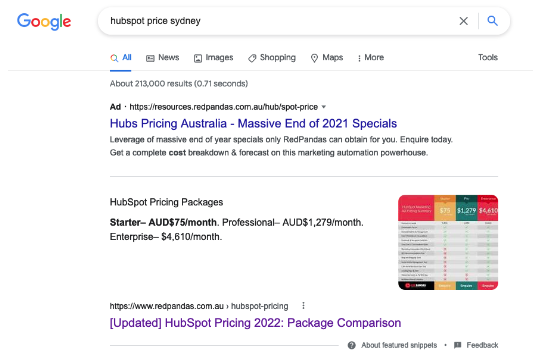 Google search for 'Hubspot pricing sydney' with RedPandas article at the top.