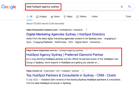 Google search showing 'best hubspot agency sydney' with RedPandas article towards the top of search.