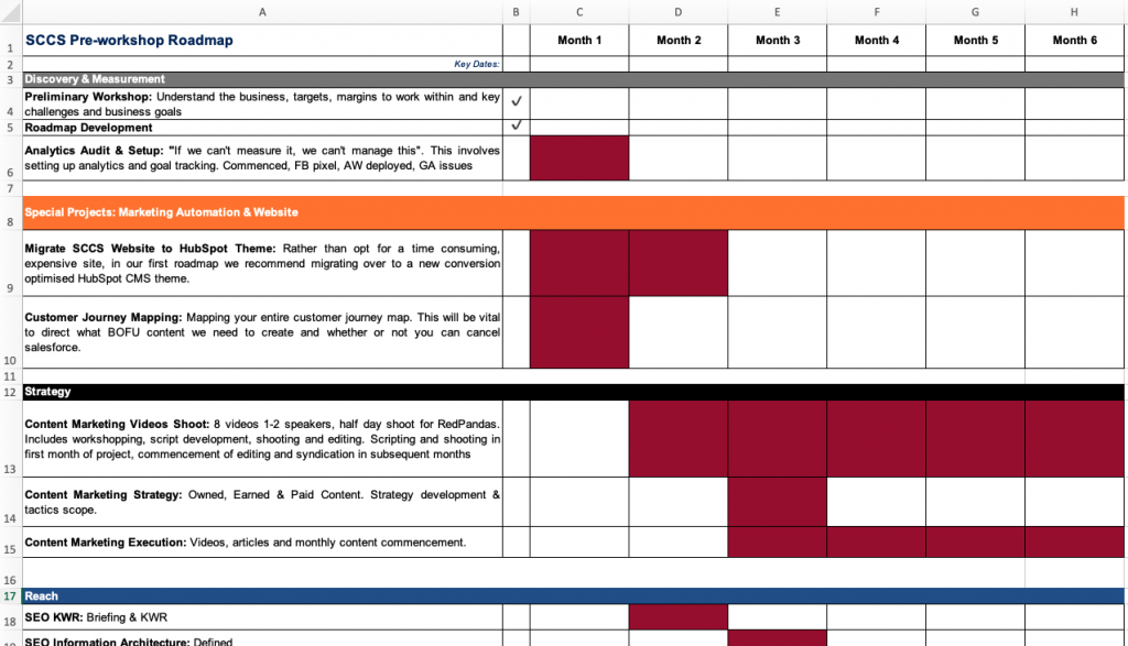 Excel spreadsheet showing roadmap plan