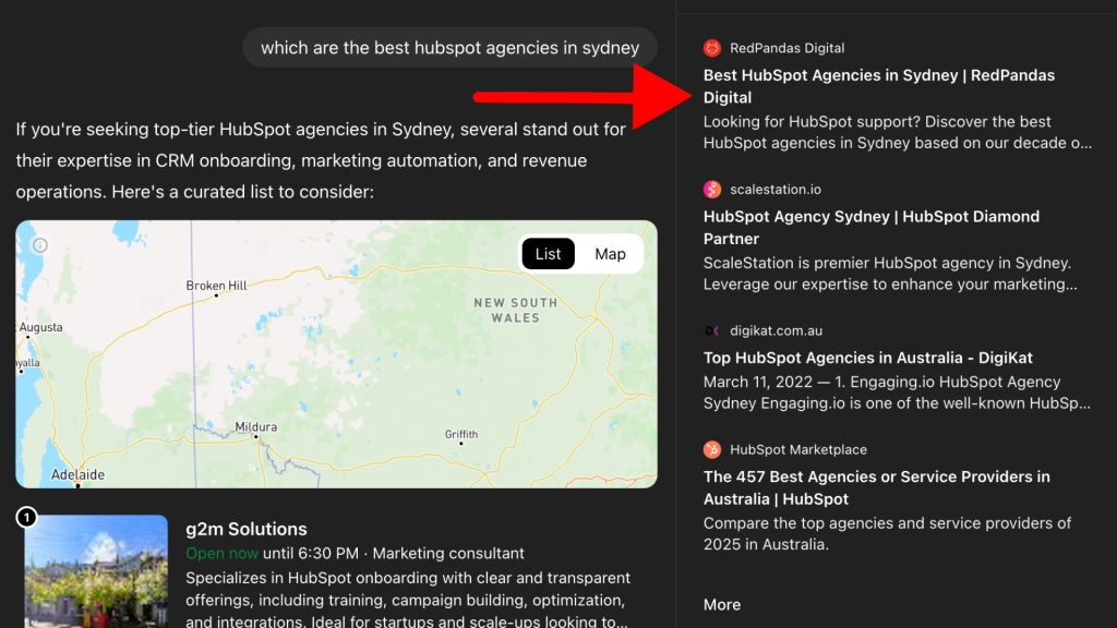 screenshot showing best HubSpot Agency results in ChatGPT AI search