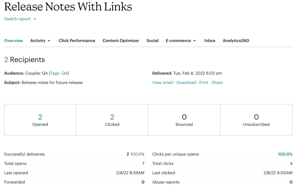 report on engagement level in Mailchimp
