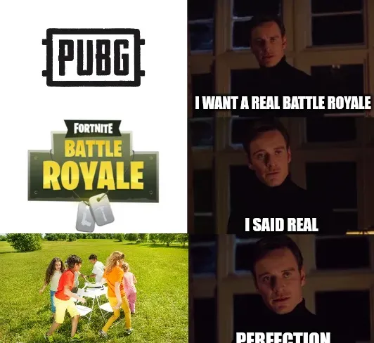meme comparing pub g, fortnite, and children playing around a table