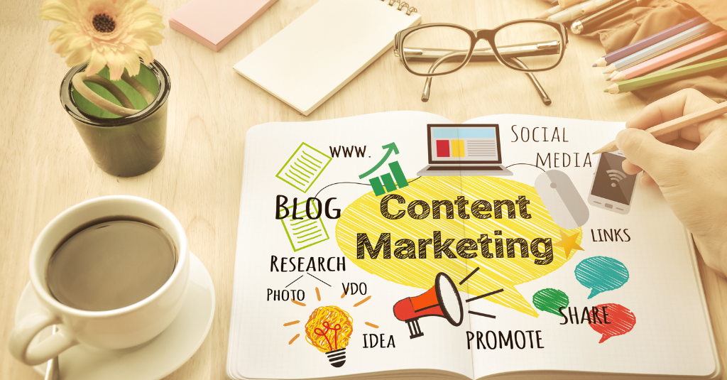 sheet of paper with content marketing strategy on it, on a table with a coffee and paper