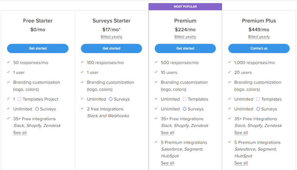 screenshot of delighted pricing plans