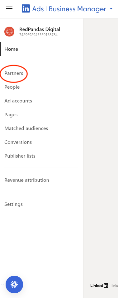 LinkedIn Ads Business Manager left-hand toolbar with the Partners menu item highlighted, showing where to start when giving RedPandas access to your Google, Facebook, LinkedIn, and Instagram accounts.