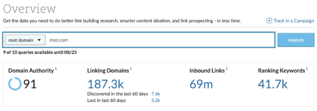 screenshot of domain authority from Moz