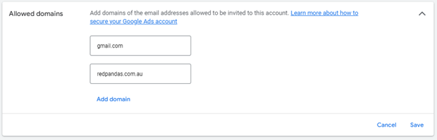 screenshot of allowed domains section in Google Ads