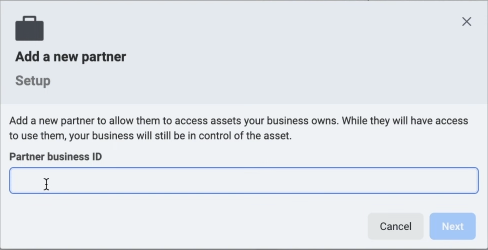 Screenshot of adding a new partner settings in Meta