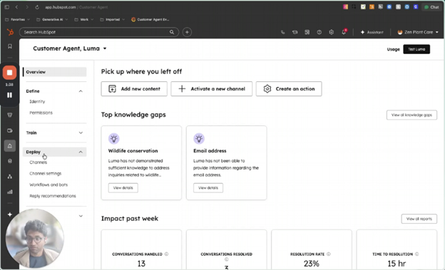 Revised HubSpot customer agent dashboard sample from Spring Spotlight 2026 updates, featuring knowledge gaps, conversation handling stats, and performance insights.