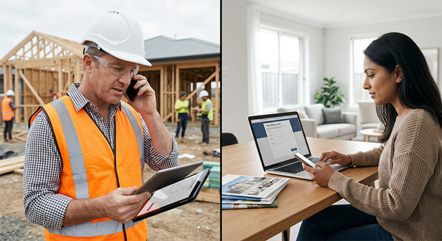 Split-scene of construction manager on phone at building site with team and sales rep managing online form at home desk, illustrating lead generation for home builders through rapid enquiry response.