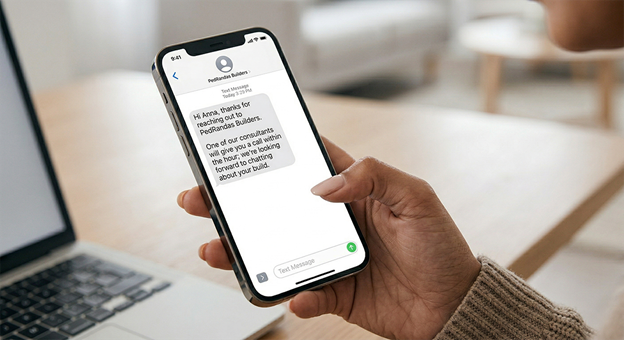 Split-scene of construction manager on phone at building site with team and sales rep managing online form at home desk, illustrating lead generation for home builders through rapid enquiry response.