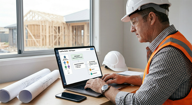 Split-scene of construction manager on phone at building site with team and sales rep managing online form at home desk, illustrating lead generation for home builders through rapid enquiry response.