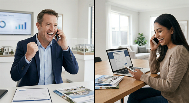 Split-scene of construction manager on phone at building site with team and sales rep managing online form at home desk, illustrating lead generation for home builders through rapid enquiry response.