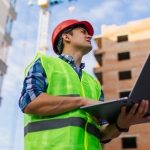 Construction person struggling with their ads ion laptop