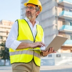 A Builder looking a far while holding a laptop