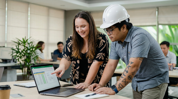 construction person listening to a person talk about ROI