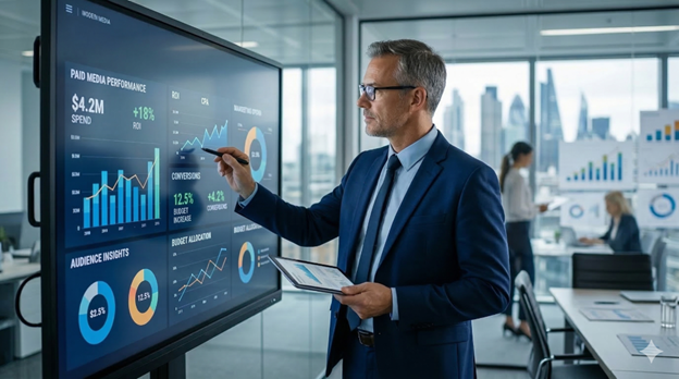 CFO looking at data on a Smart TV.