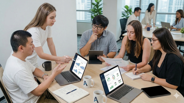 A Digital Marketing team having a meeting for Paid media