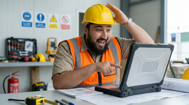 Builder got excited seeing he is getting leads on a laptop