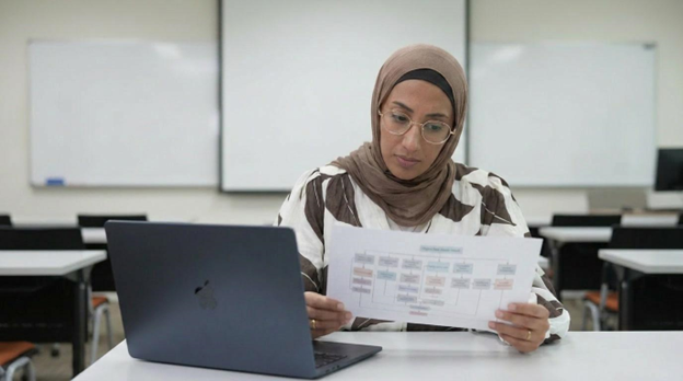 A student looking at a chart.