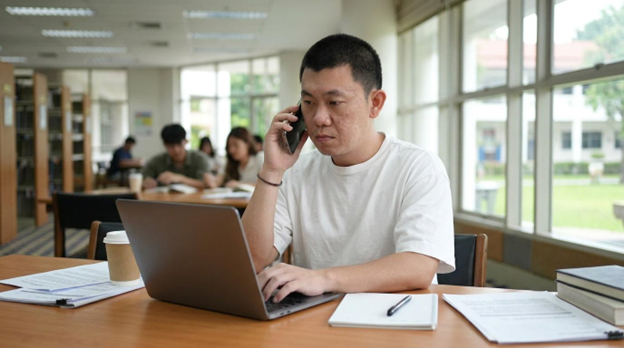 A student working on a laptop while calling someone on a phone