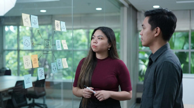Two person looking at a digital marketing system looks like