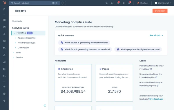 Analytic suites in hubspot