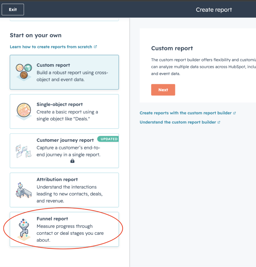 clicking funnel reports in hubspot