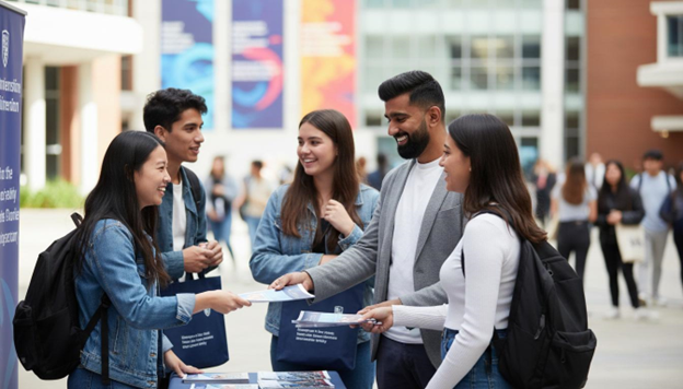a person from  Higher Education talking to students