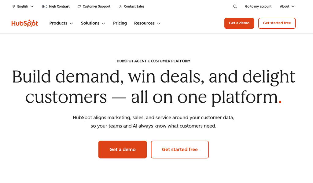 HubSpot homepage, the all-in-one customer platform that businesses compare against HubSpot alternatives, with Get a demo and Get started free options.