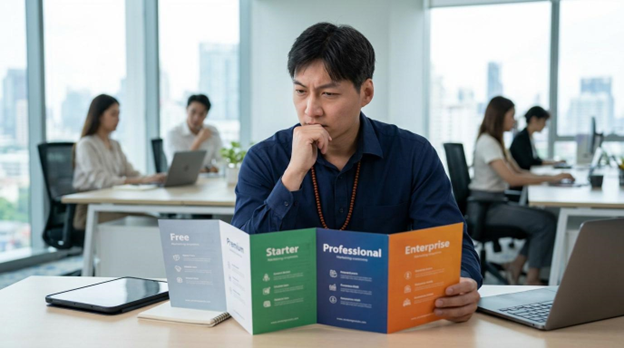 A person looking at HubSpot Marketing Hub tiers