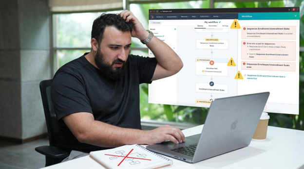 A person struggling because HubSpot Sequences Enrollment and Unenrollment Rules Are Misconfigured