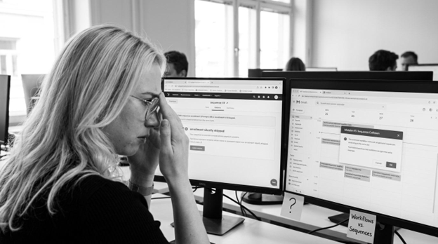 A person crying because of a mistake on the active workflow on hubspot.