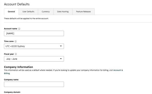 HubSpot Account Defaults screen showing time zone and fiscal year settings – HubSpot Consultant Perth