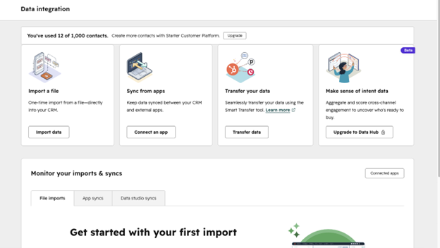 HubSpot Data Integration dashboard with options to import, sync and transfer contact data – HubSpot Consultant Melbourne