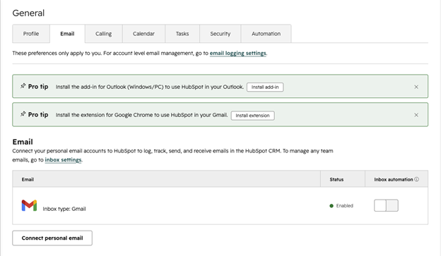 HubSpot user Email preferences tab showing a connected Gmail inbox – HubSpot Consultant Sydney