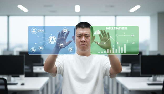 Split-screen comparison of CRM and sales tracking software features, showing contact management versus revenue and deal metrics.