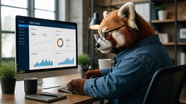 RedPandas mascot reviewing a sales tracking software dashboard with revenue and pipeline charts.