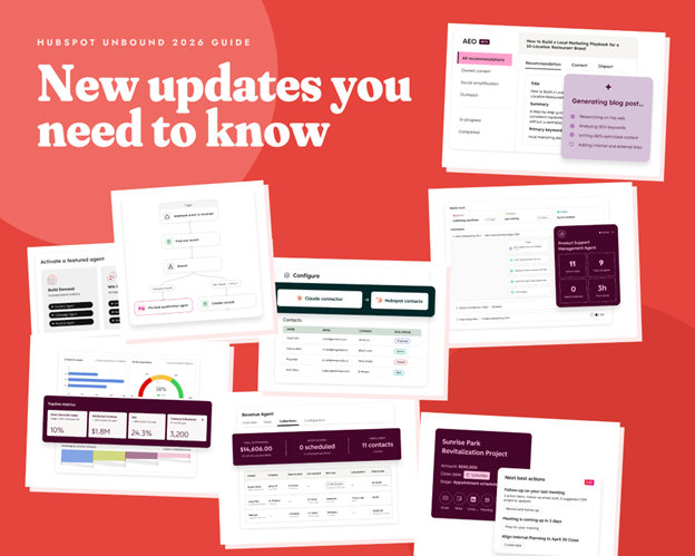 HubSpot Unbound 2026 guide to new updates, featuring AEO recommendations, workflow automations, and revenue agent dashboards.
