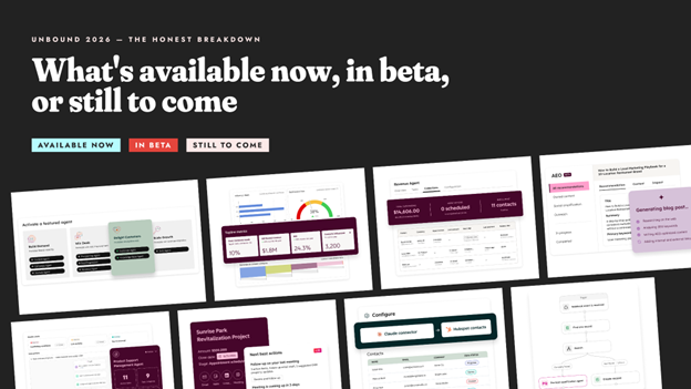 HubSpot Unbound 2026 feature breakdown: available now, in beta, and still to come, showing AI agents, revenue and campaign dashboards.