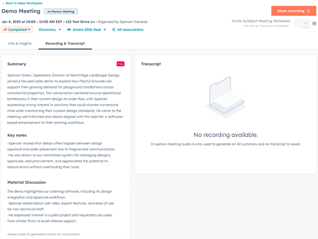 Screenshot of Hubspot's notetaker