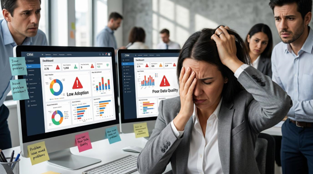 Team overwhelmed by low CRM adoption and poor data quality warnings, common problems solved by CRM implementation and onboarding.