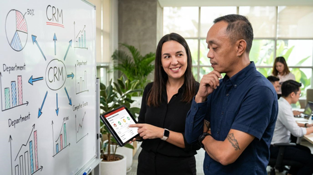 Team reviewing a CRM implementation and onboarding data map, showing how CRM data flows across departments and competitive scores.