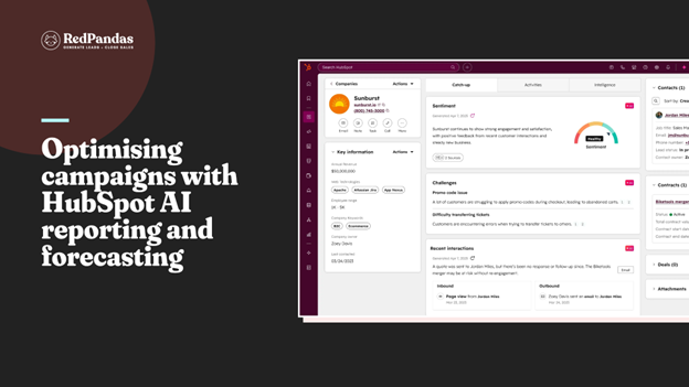 Optimising campaigns with HubSpot AI reporting and forecasting, showing a company record with AI-generated sentiment and challenges.