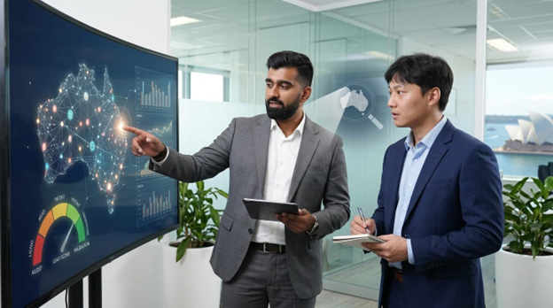 Consultants reviewing HubSpot AI lead scoring and intent data across an interactive map of Australia.