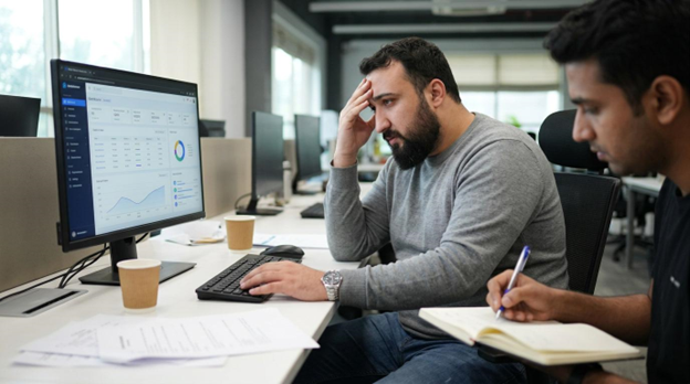 Team reviewing an underused marketing automation dashboard, a common reason businesses need marketing automation consulting.