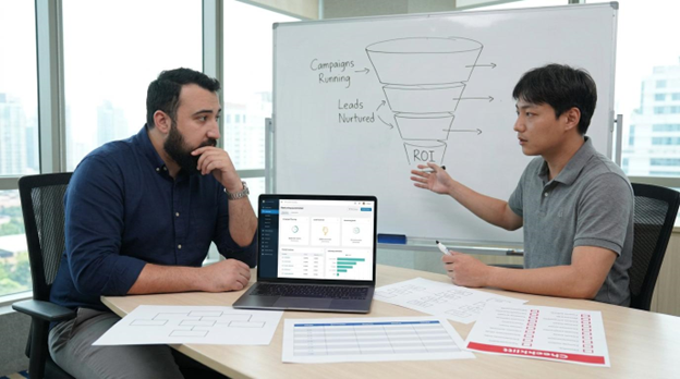 Marketing automation consulting session mapping campaigns, nurtured leads, and ROI on a whiteboard funnel alongside a dashboard.