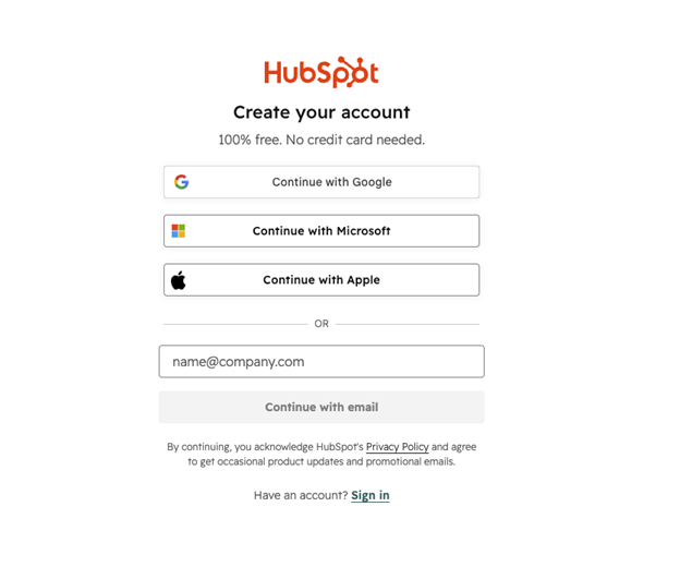 HubSpot account creation screen with sign-up options via Google, Microsoft, Apple or email – HubSpot Implementation Sydney